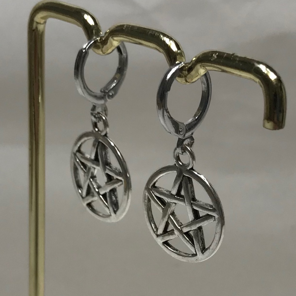 Gothic Pagan Silver Pentagram Pentacle Handmade Hoop Earrings, Encircled Stars - Picture 5 of 12